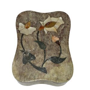 Vintage Octagon Floral Inlaid Mother of Pearl Soapstone Trinket Box 4" x 3"